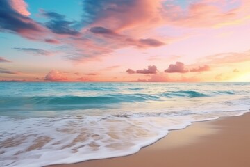 Fototapeta na wymiar Serene Dawn: Seagulls Soaring over a Radiant Beach at Sunrise - Generative AI