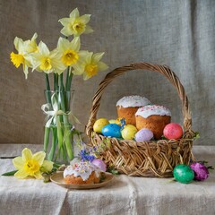 a basket of easter treats with eggs decorated in different colors, in the style of nostalgic paintings, softbox lighting, zeiss batis 18mm f/2.8, light amber and gray, watercolors, pictorial fabrics, 