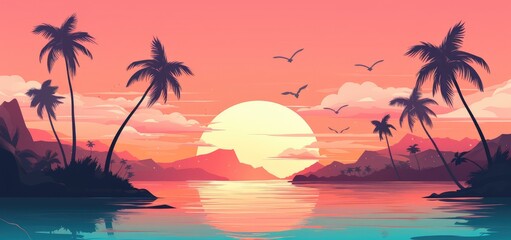 Fototapeta na wymiar Tropical Sunset Bliss with Palm Silhouettes and Pastel Sky - Generative AI