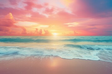 Naklejka na ściany i meble Pastel Sunset Serenity: Waves Gently Caressing Sandy Beach - Generative AI
