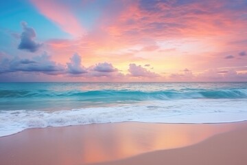 Naklejka na ściany i meble Serene Dawn: Seagulls Soaring over a Radiant Beach at Sunrise - Generative AI