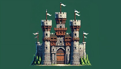 Pixelated Medieval Castle Tower - Isolated on Forest Green - obrazy, fototapety, plakaty