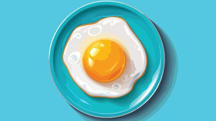 Blue round plate with fried egg Flat vector - obrazy, fototapety, plakaty