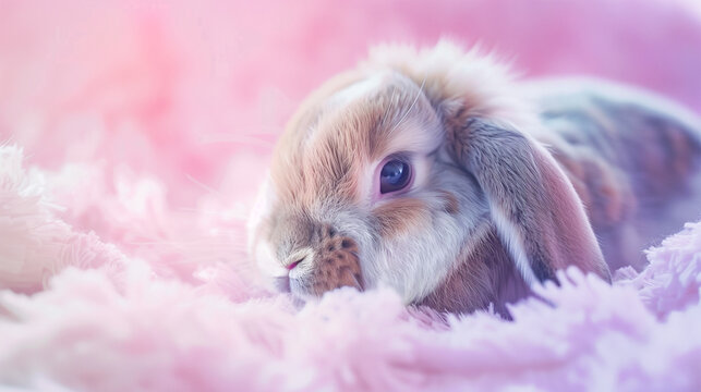 Fluffy rabbit with soft fur, gleaming eyes, amidst a dreamy pink haze.