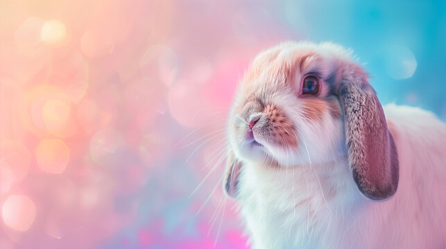 Fluffy rabbit with soft fur, gleaming eyes, amidst a dreamy pink haze.
