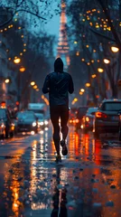 Fototapeten runner under the Eiffel Tower: Solitary Runner on a Rainy Parisian Street with Glistening Lights, olympic 2024 © aimodels24