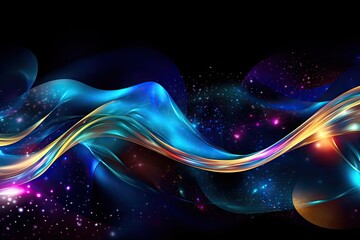 Bright Blue Lights Texture Background, Colorful Swirls on Dark, Glittery and Shiny Lines Pattern