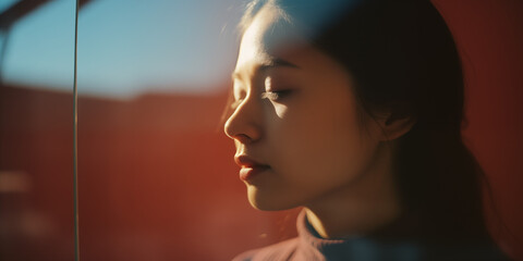 Asian woman in contemplative silence, her profile cast in a warm, golden sunlight