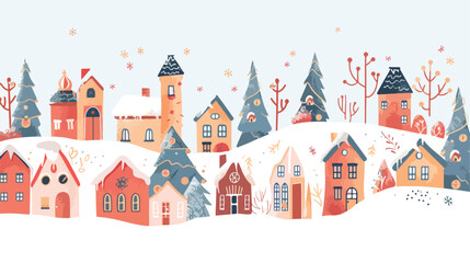 Fototapeta na wymiar Hand drawn flat winter village illustration Flat vector