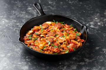 Stew cabbage with a sausage and bacon.
