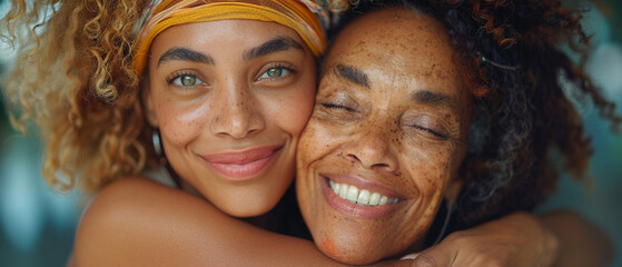 Mother's Day concept. Adult ethnic daughter embraces elderly mother, close-up. - obrazy, fototapety, plakaty