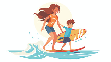 Happy young mother with surf board and little boy Fla