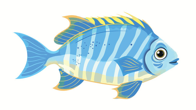 Cute blue tropical striped fish. Hand drawn vector