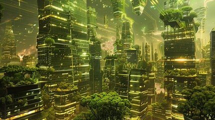 Quantum Fusion Urban Jungle: A vision of the future where urban landscapes merge with the quantum realm, giving rise to a surreal jungle of interconnected structures pulsating with vibrant energy
