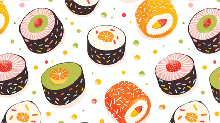 Cute roll cake vector flat seamless pattern in bright