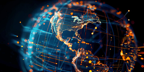 Digital world globe centered on America, concept of global network and connectivity on Earth, data transfer and cyber technology, information exchange and international telecommunication - obrazy, fototapety, plakaty