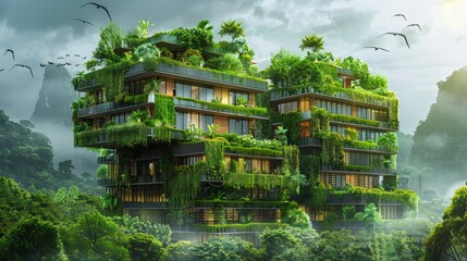 Green building design with sustainable features, promoting renewable energy and innovation