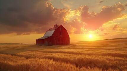 The sun sets, casting a warm golden hue over a vast wheat field with a classic red barn, embodying the essence of rural Americana. - obrazy, fototapety, plakaty