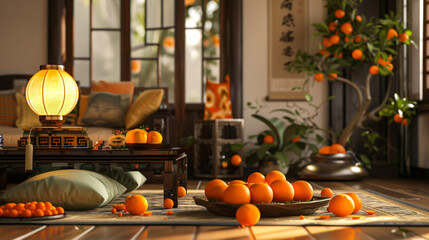 Coffee table with tangerines and cushions on floor