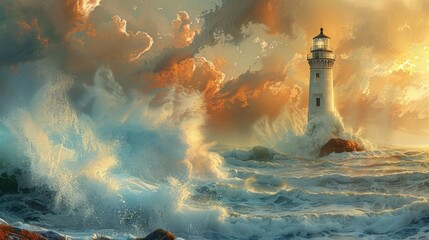 A majestic lighthouse stands resilient against the ferocious waves under a dramatic sunset sky.