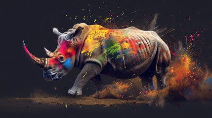 Colorful Artistic Representation Of a Charging Rhin