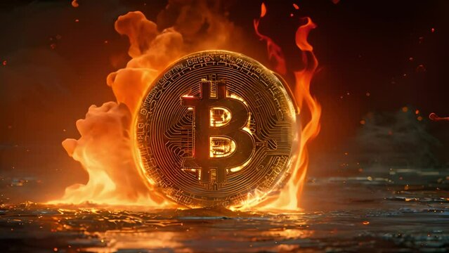 Bitcoin with fire flames black background. Golden bitcoin coin in fire trading stock chart. Bitcoin Gold and Cash lightning blockchain hard fork concept. Cryptocurrency coin on polygon peer to peer ne