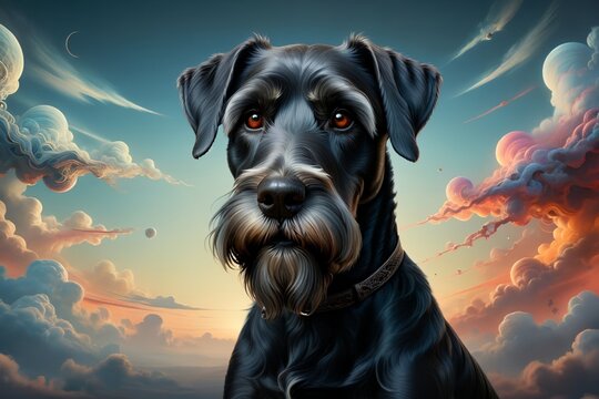 Black large giant schnauzer against an abstract sky background