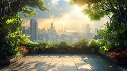 A lush rooftop garden creates an urban oasis, offering a serene green space with a breathtaking view of the city skyline at dawn.
