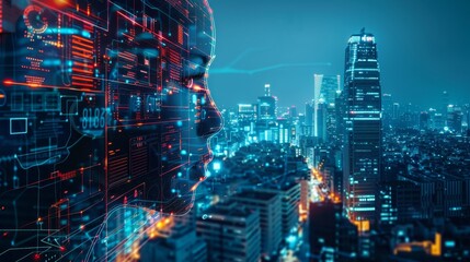 A conceptual visualization of a cybernetic interface superimposed on a nighttime cityscape, highlighting the intersection of humanity and technology.