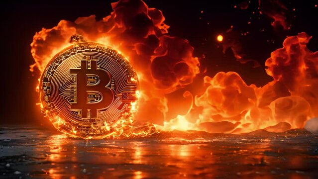Bitcoin with fire flames black background. Golden bitcoin coin in fire trading stock chart. Bitcoin Gold and Cash lightning blockchain hard fork concept. Cryptocurrency coin on polygon peer to peer ne