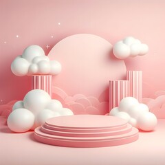 Cylinder podium on pink background for product, Symbols of love for women's holiday, Valentine's Day, roses ornaments