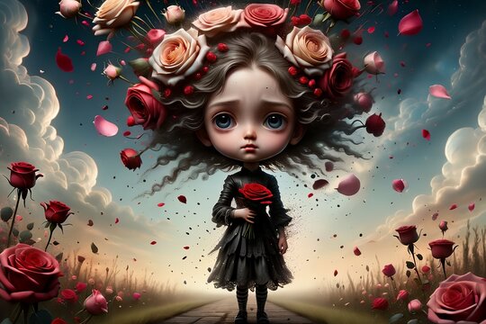 a girl with roses in her hair stands alone in a field, gothic style.
