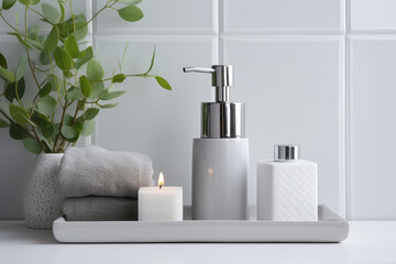 Toiletries - towels, soap dispenser in grey color, flowers in a vase - obrazy, fototapety, plakaty