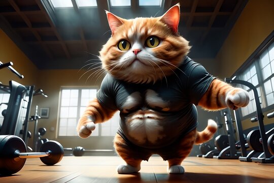 A fat cat in a T-shirt is doing sports in the gym.
