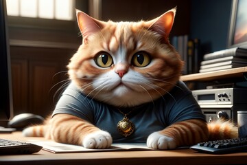 A fat cat in a T-shirt is sitting at the office table in front of a computer