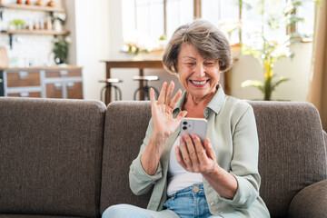 Happy caucasian senior grandmother using cellphone for vlogging blogging. Old woman having...