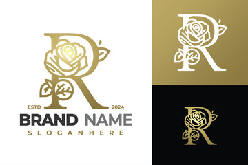 Letter R Rose Linear Logo design vector symbol icon illustration - obrazy, fototapety, plakaty
