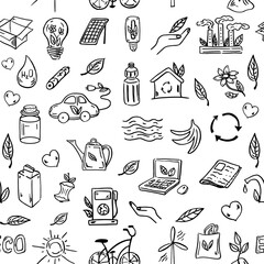 Ecology seamless pattern. Hand-drawn doodle vector illustration. Ecology problem, recycling and green energy icons. Environmental symbols..