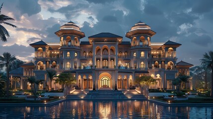 An opulent mansion bathed in the warm glow of evening lights, reflecting on tranquil waters amidst a serene landscape. - obrazy, fototapety, plakaty