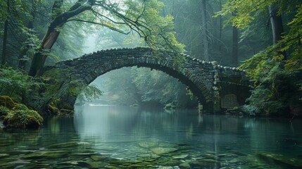 An ancient stone bridge arcs over a serene river, shrouded in the ethereal mist of a tranquil, emerald-hued forest. - obrazy, fototapety, plakaty