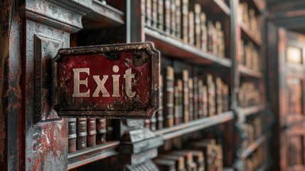 A weathered 'Exit' sign hangs on a shelf, creating a striking juxtaposition with the rich history of the aged books in an antique library setting.