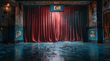 A poignant exit sign hangs above sumptuous red stage curtains in an abandoned theater, adding a sense of finality to the deserted performance space.