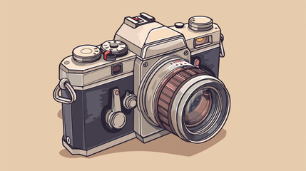 Film retro camera with lens isolated on beige background