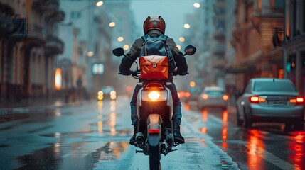 Fototapeta na wymiar Delivering Packages and Food Items on City Streets: The Life of a Motorcycle Rider. Concept Motorcycle Deliveries, Urban Logistics, Fast Transport, Food Delivery, City Streets