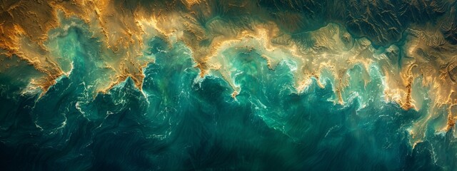 a green desert and blue sea from space, in the style of minimalist abstracts, photorealistic detail, aquamarine and amber, birds-eye-view, close up, depth-defying murals, national geographic photo - obrazy, fototapety, plakaty