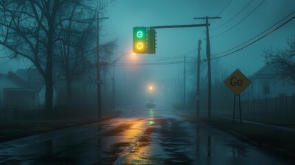 A green traffic light glows, casting its reflection on a wet road in a quiet, foggy suburban neighborhood at dawn.