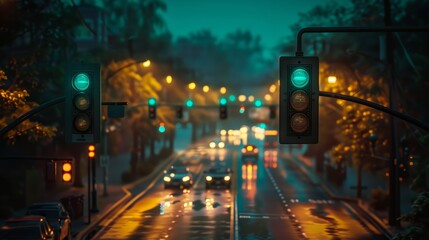 Fototapeta premium Multiple green traffic lights line a slick, rain-soaked road, guiding drivers through the warm, glowing ambience of a tree-lined avenue at dusk.