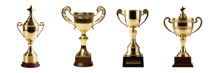 set of gold trophy cup isolated on transparent background