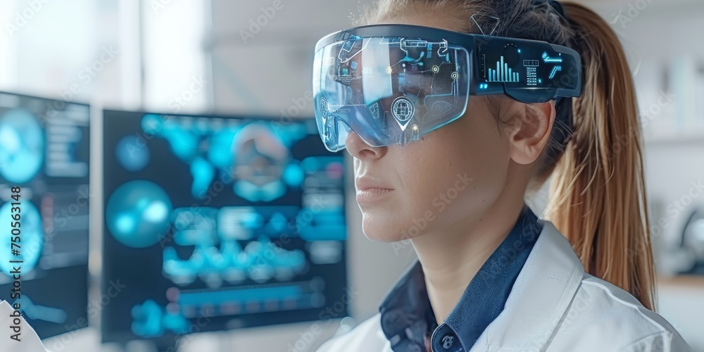 Poster a woman interacts with futuristic augmented reality interface for analysis and research, generative 