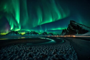Amazing view of green aurora borealis shining in night sky over snowy mountain ridge with black sand stockness beach and vestrahorn mountain.